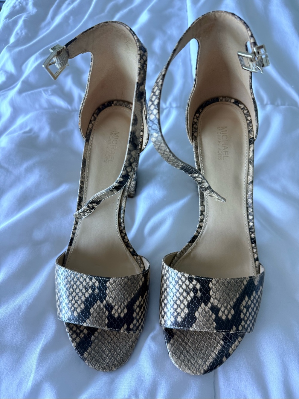 Michael Kors Snake-Print Ankle Strap Heels in Beige and Black